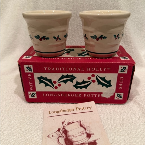 Longaberger Pottery Traditional Holly Votive Cups Candle Holders with Candles - Picture 3 of 4